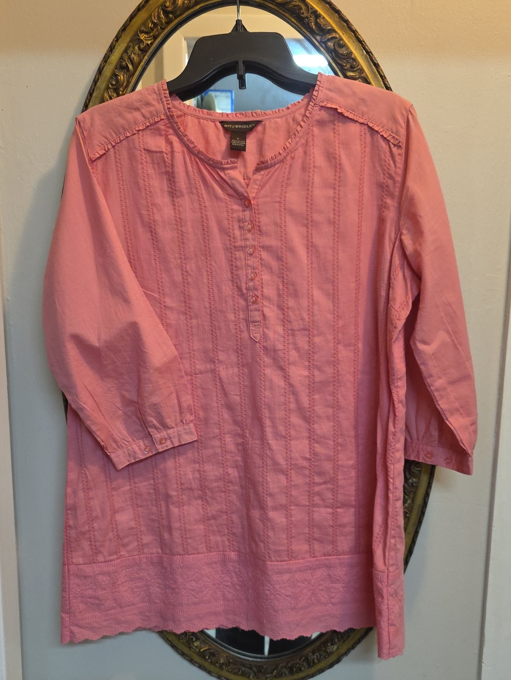 Bit & Bridle Embroidered Blouse Shirt Top 100% Cotton Size L Pink Roomy Peasant